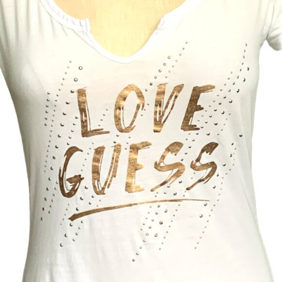 GUESS White Graphic Tee Beaded/Studed Sz M #67G - Picture 4 of 6